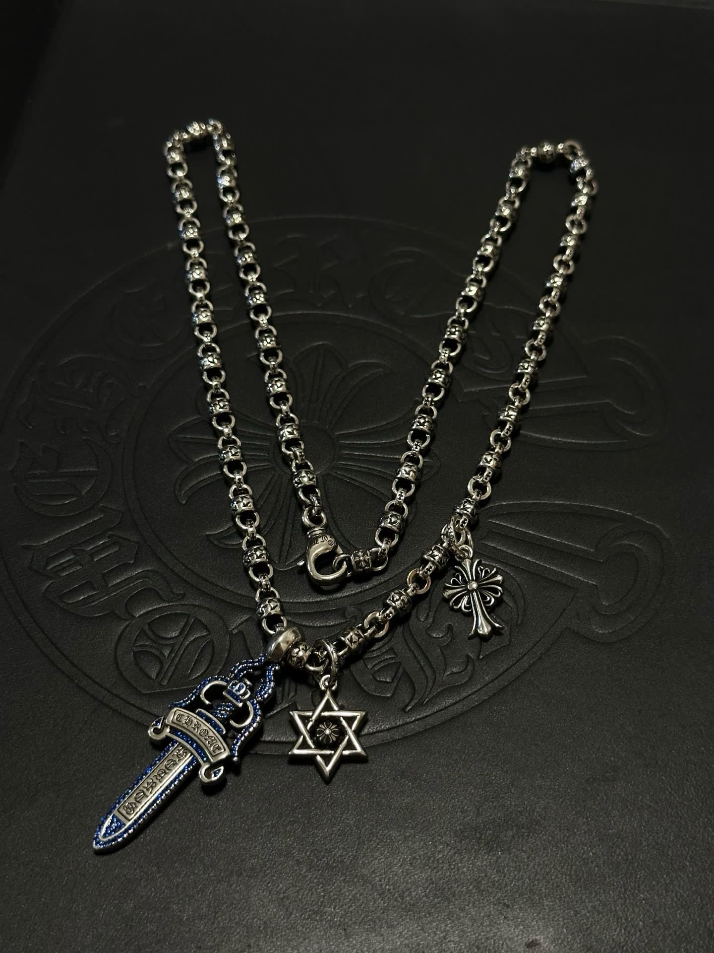 Chrome Hearts Silver Chain with Sword, Star of David, and Cross Charms